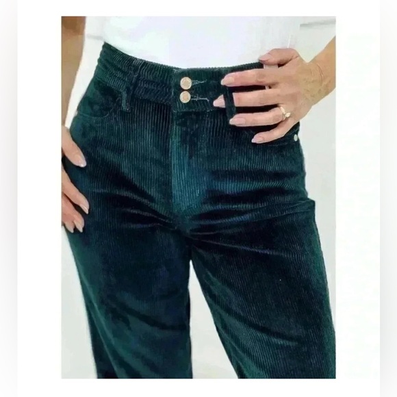 Judy Blue Hi Waisted Corduroy Trouser Wide Leg Pants - Emerald Green - Picture 1 of 5